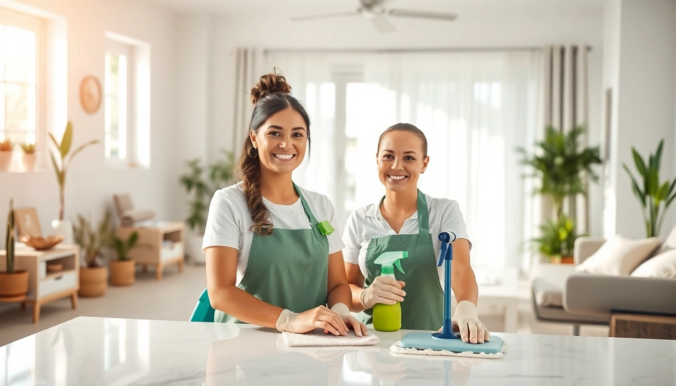 Cleaning Service team efficiently cleaning a bright, modern home environment with eco-friendly supplies.