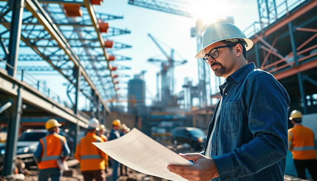 Manhattan Construction Manager reviewing plans at a busy construction site.