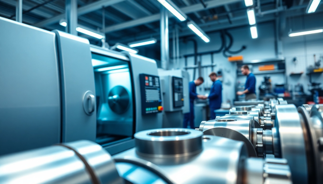 Custom part manufacturer workshop showcasing CNC machinery and technicians crafting precision parts.