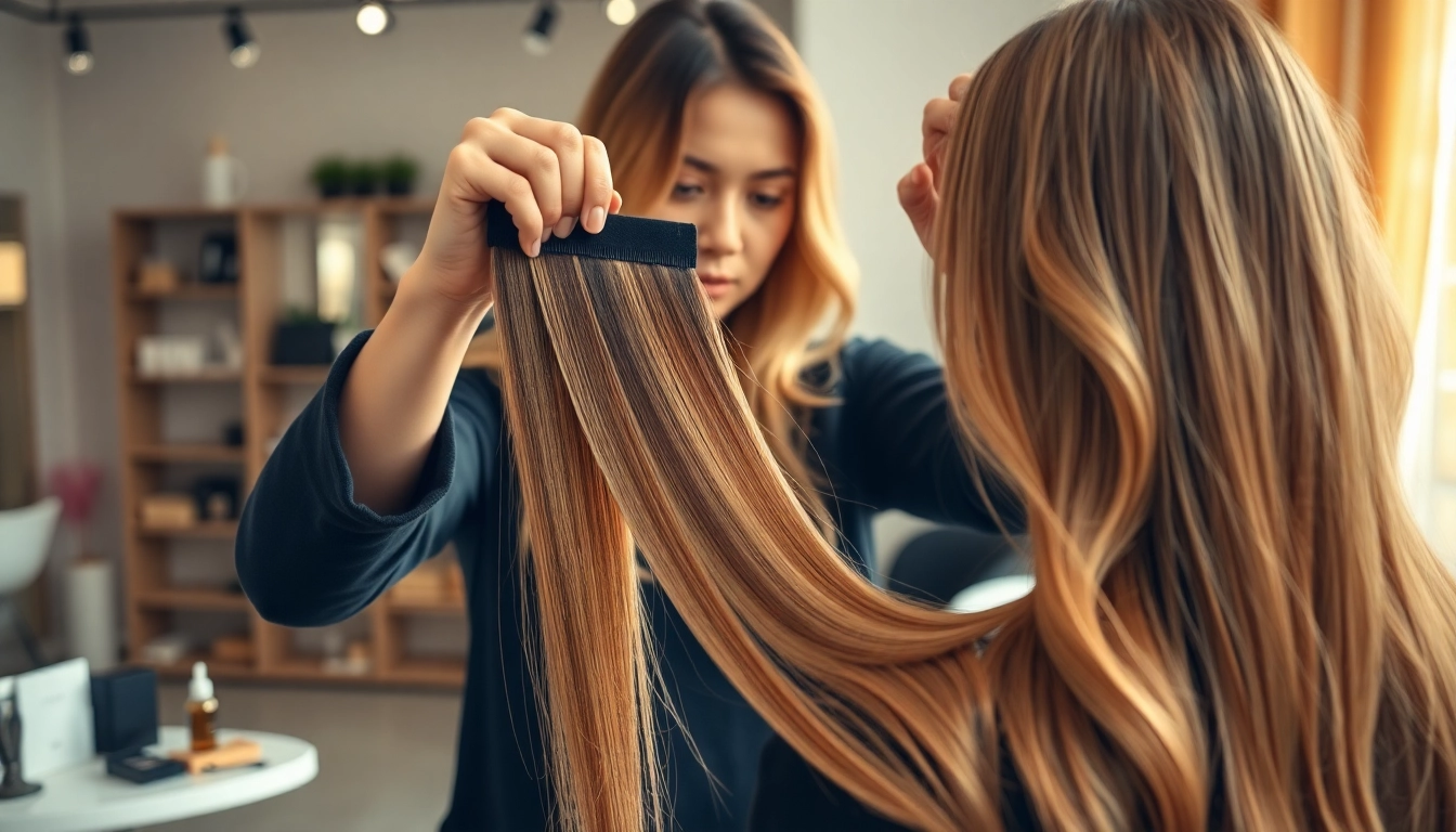Applying genius weft hair extensions in a professional salon setting, showcasing seamless styling.