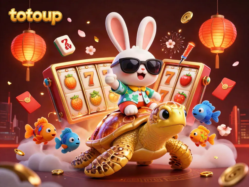 Experience excitement with totoup as a lucky rabbit rides a golden turtle, surrounded by rich casino elements.