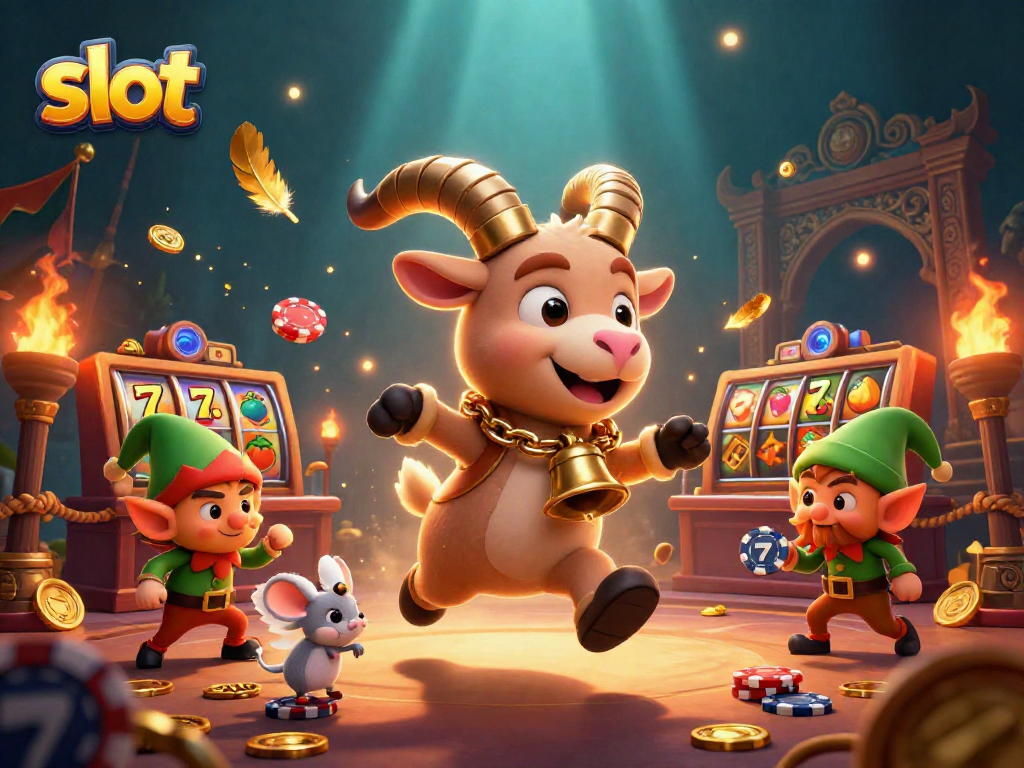 Slot online menampilkan Krampus, mouse, dan gremlin dalam kasino magis, dengan simbol slot berkilauan.