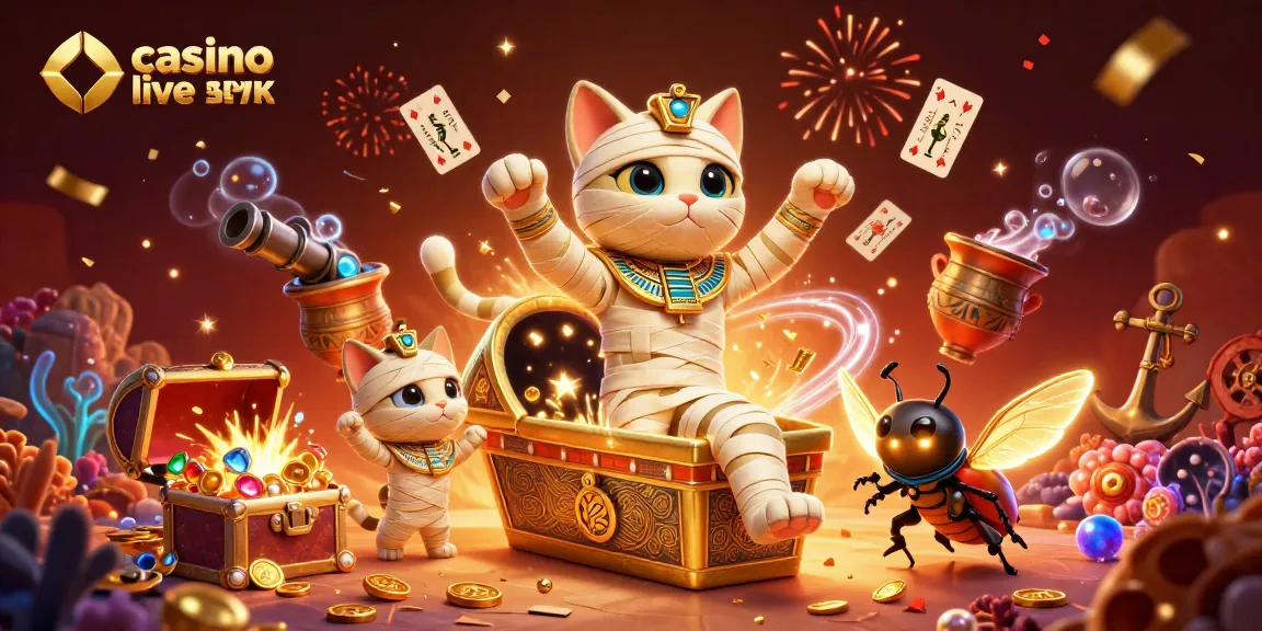 Jouer à casino live sans KYC avec une illustration 3D festive d'un chat momie égyptien et un scarabée doré.