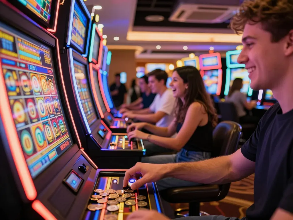 Engaging moment at a situs slot gacor gaming area with players enjoying colorful slot machines.