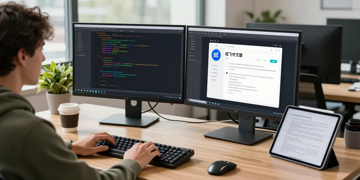 Developer using 纸飞机中文版 on dual monitors in a modern workspace.