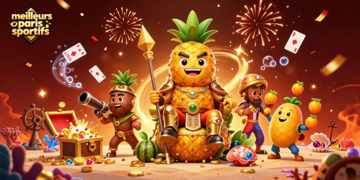 Rejoignez le roi ananas doré et ses gardes dans les meilleurs sites paris sportifs sur une scène de casino vibrante.