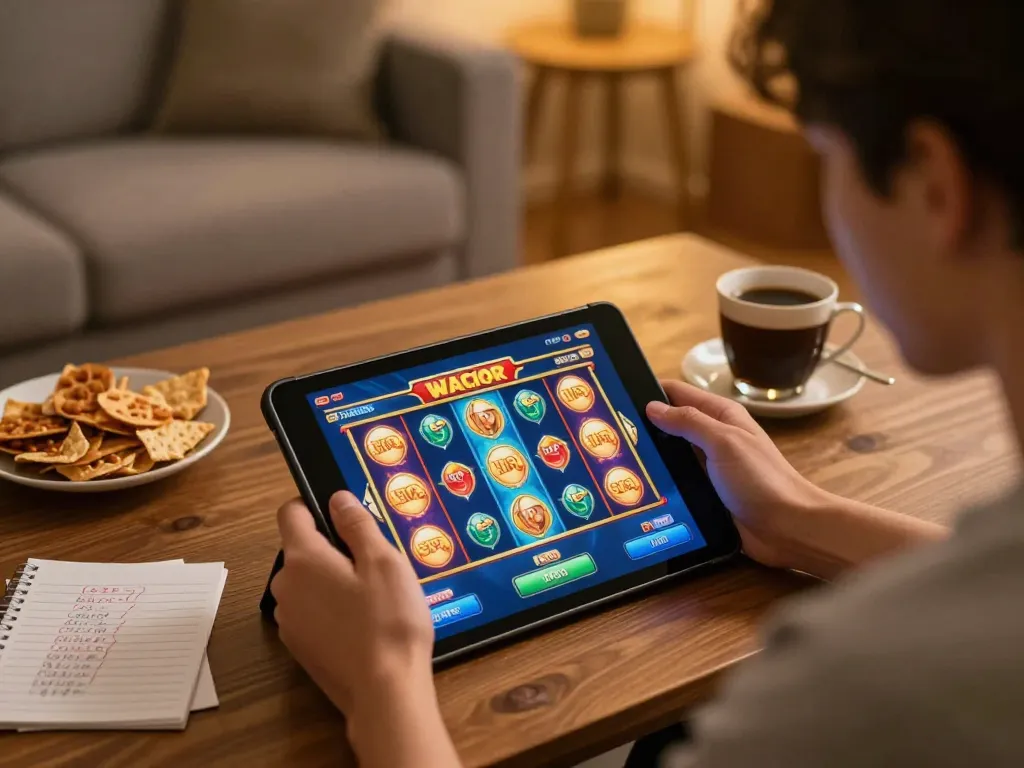 Engaging home scene featuring a player enjoying slot gacor games on a tablet, showcasing a cozy gambling environment.