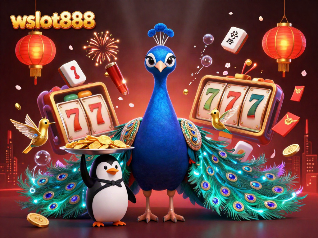 Gambarlah momen bermain slot wslot888 dengan karakter merak aristokrat dan pengantar penyu.