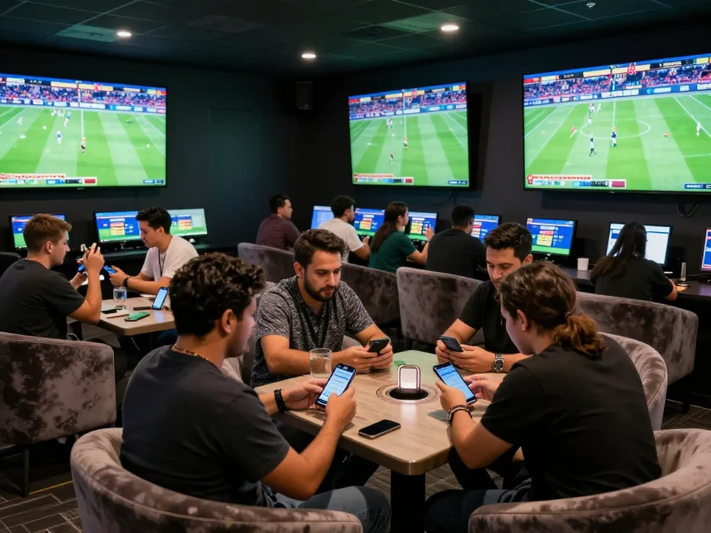 CakhiaTV live sports betting atmosphere with enthusiastic fans strategizing on bets