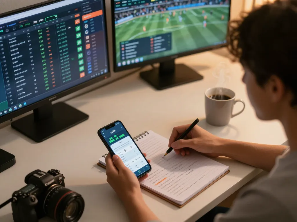 Engaging scene of a sports betting setup on uu88 app, person analyzing live odds on multiple screens.
