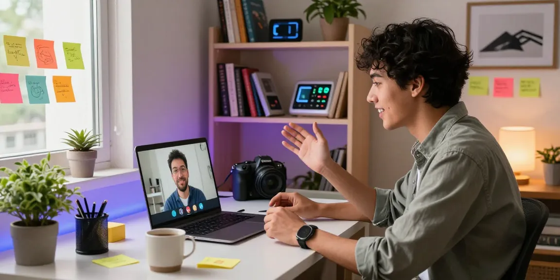 Engaging video chat with AI avatar in innovative home office setting, showcasing crush on ai concept.