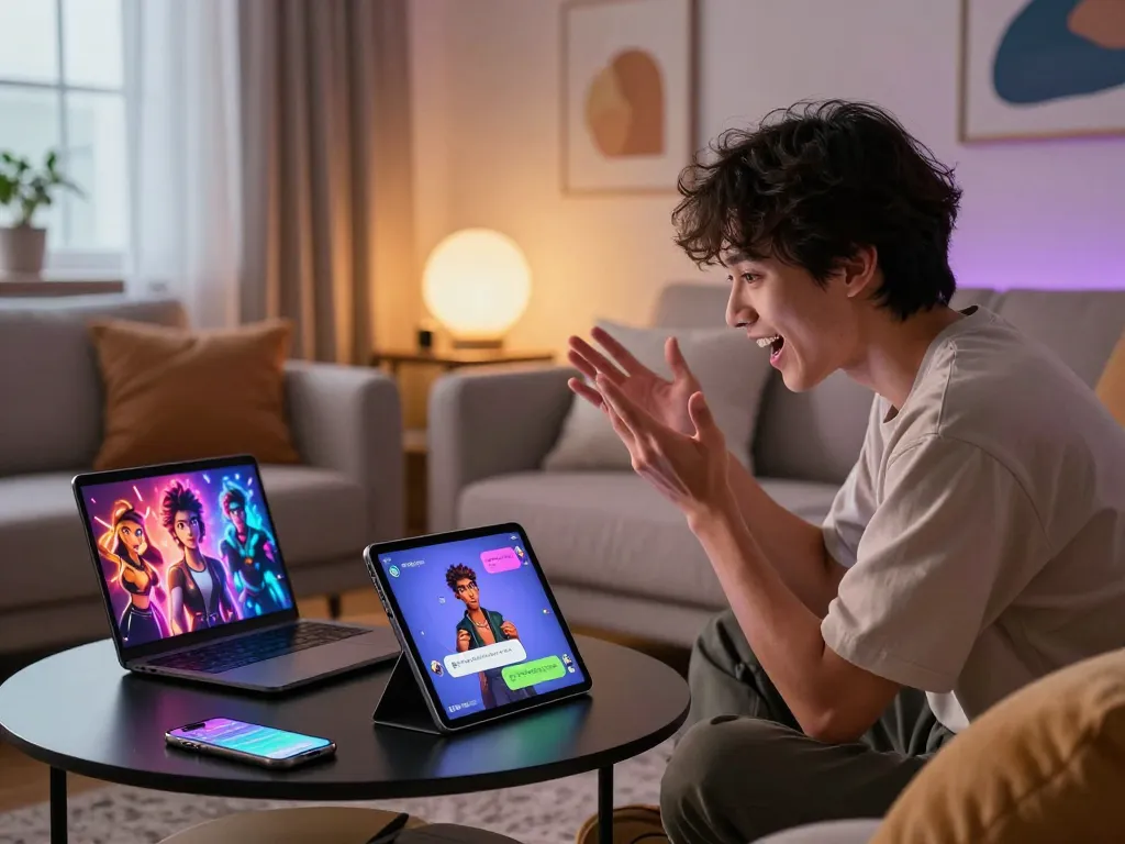 Person enjoying NSFW AI chat on a tablet in a cozy, modern living room, showcasing vibrant character graphics and engaging atmosphere.