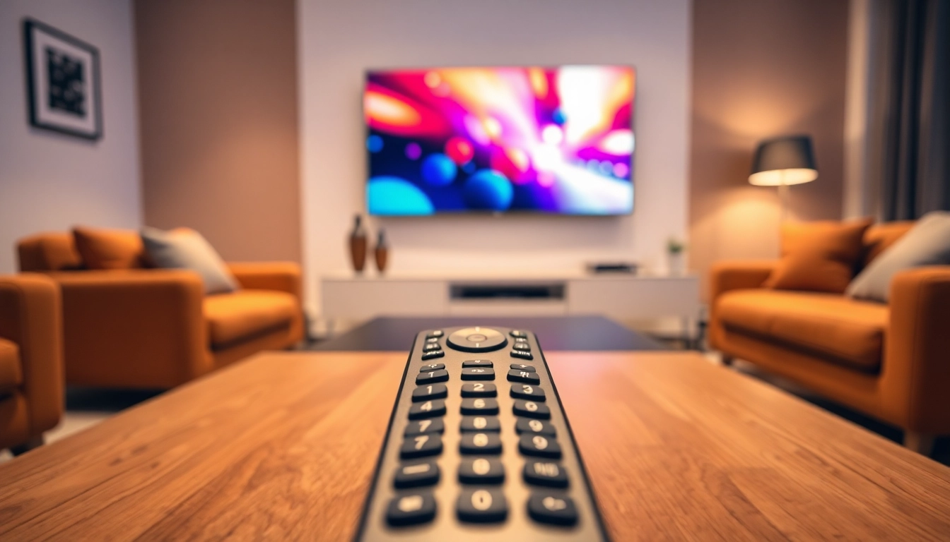 Steuerung des Smart Remote Control auf einem eleganten Couchtisch mit modernem Design.