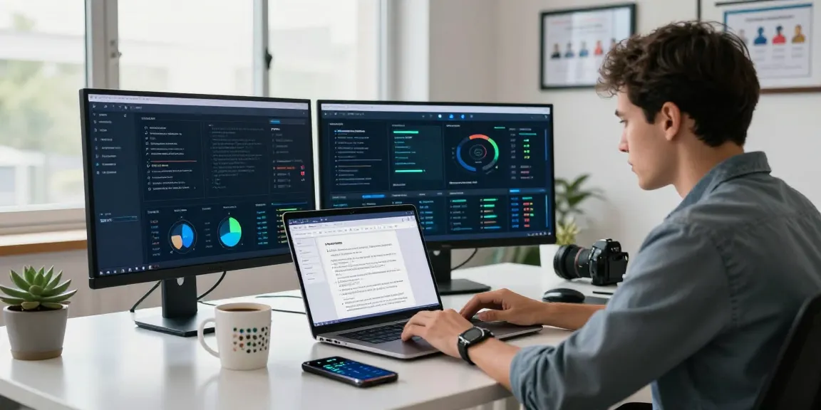 Tech professional using AI to detect fraud in PDF documents in a modern workspace.