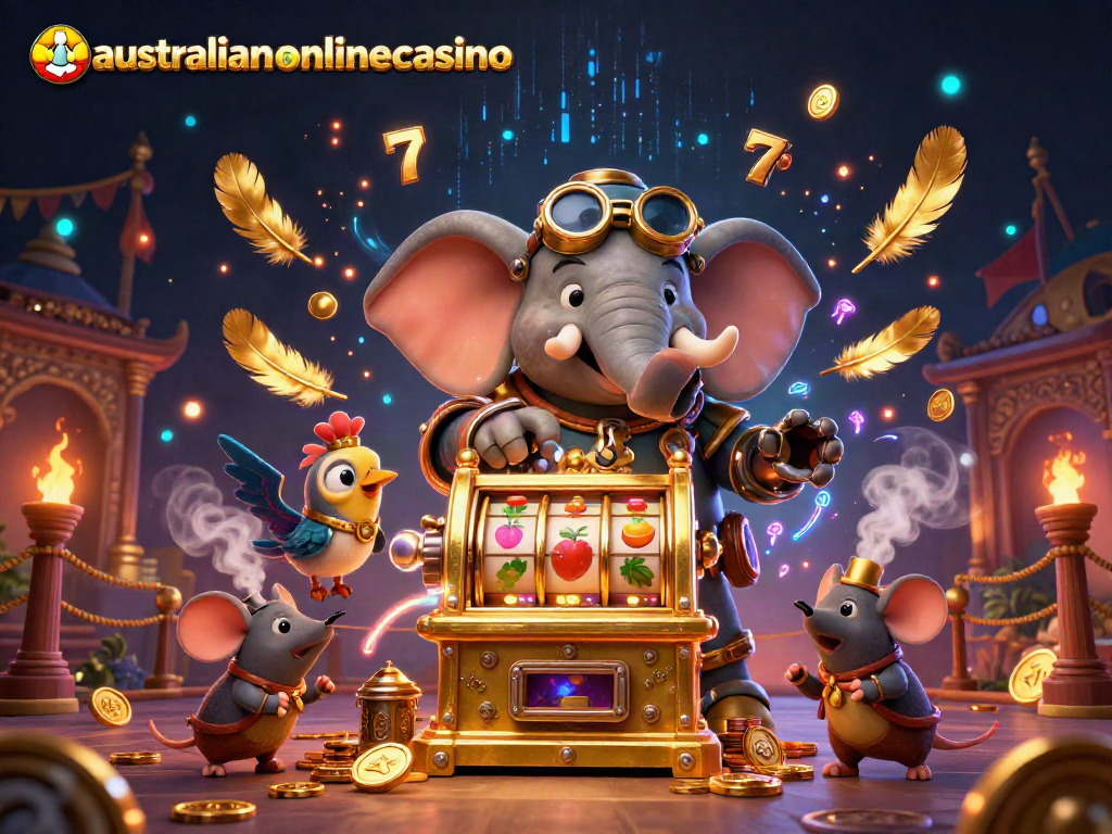 Engage with the thrilling australianonlinecasino experience through a steampunk elephant operating a golden slot machine.