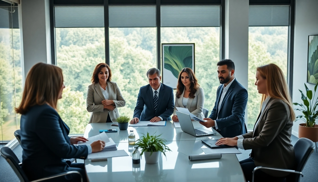 Team of attorneys at an environmental law firm discussing strategies in a modern office.