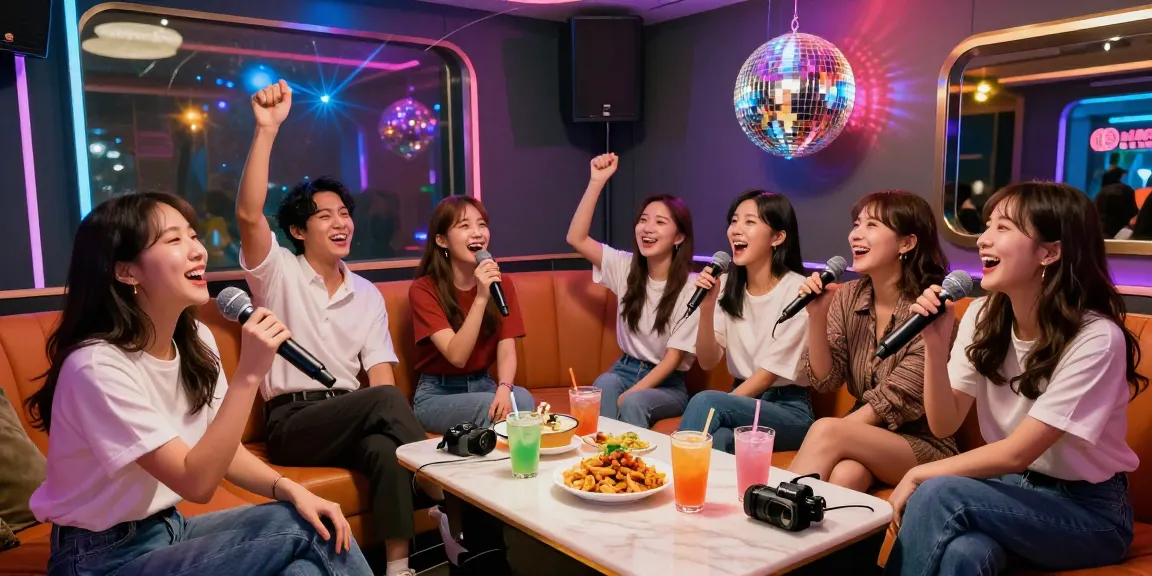 Experience the vibrant atmosphere at 강남 퍼펙트 가라오케 with friends enjoying karaoke in a lively private room.
