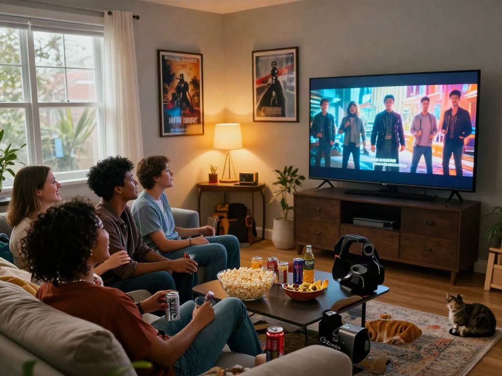Friends enjoying a movie night with cocoflix streaming in a cozy living room