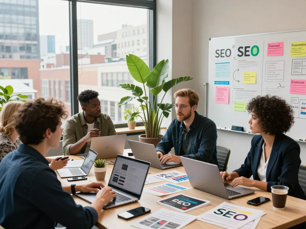 Team discussing Local SEO NYC strategies in a co-working space.