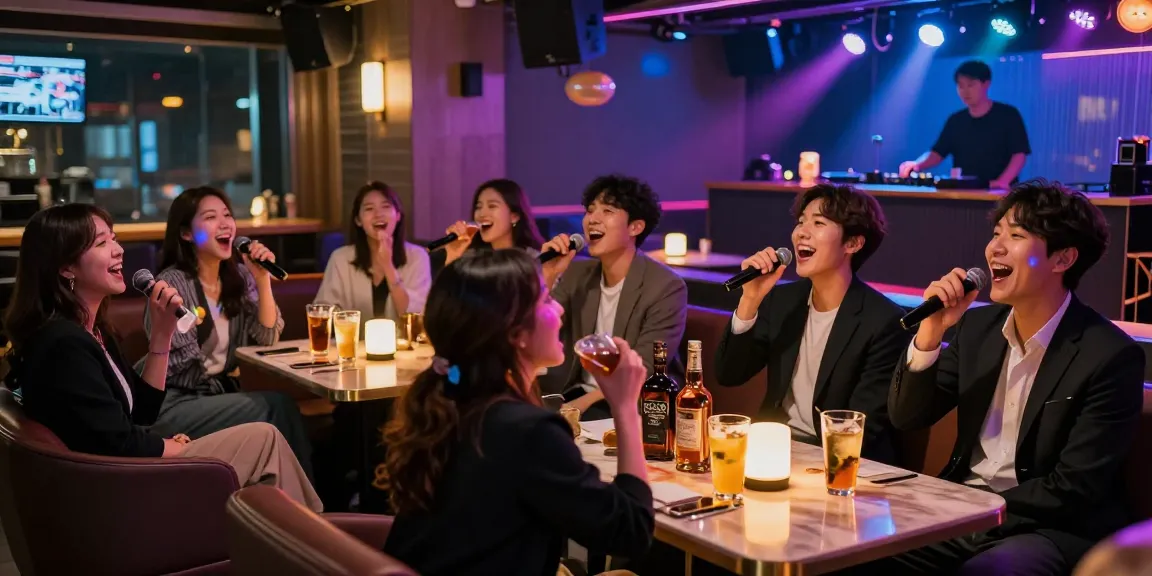 Enjoying 제주유흥 in a lively Jeju Island karaoke lounge with vibrant atmosphere and colorful lights.