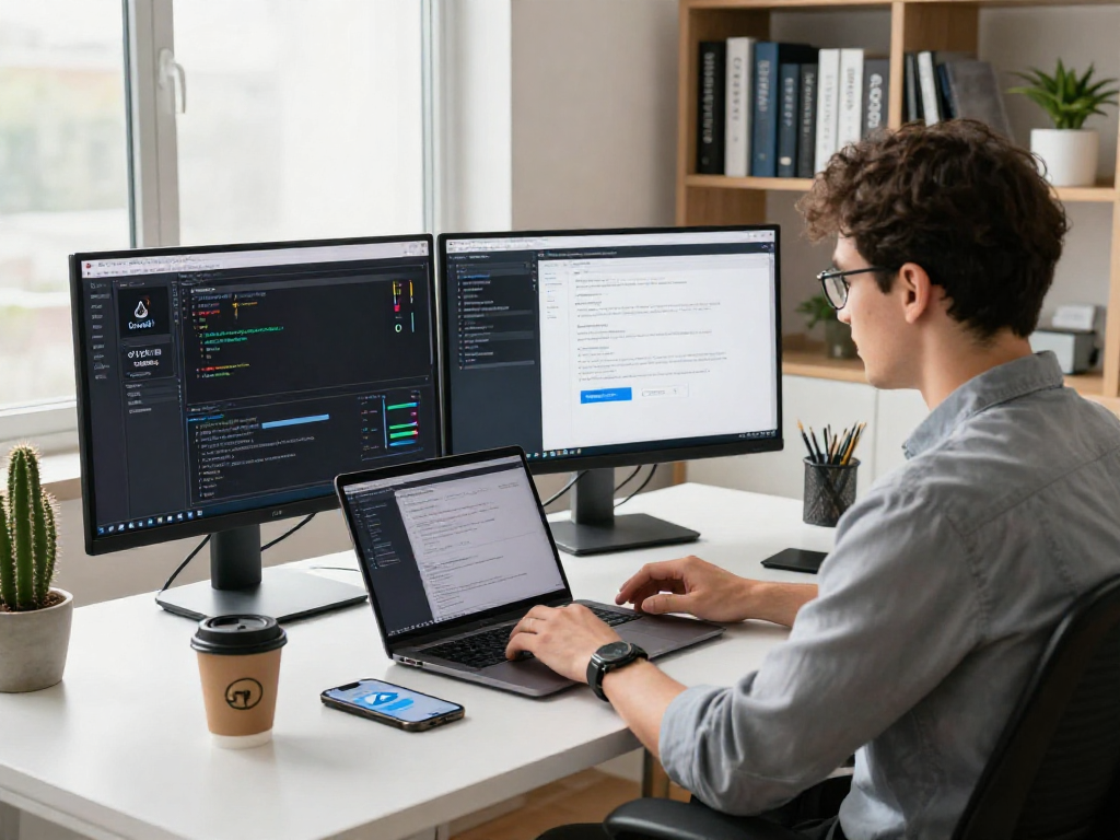 VPS hosting management workspace with server metrics and coding interface