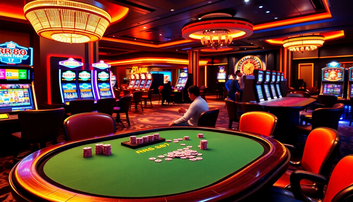 RR88 casino scene with vibrant poker action and appealing slot machines, evoking excitement in gambling.