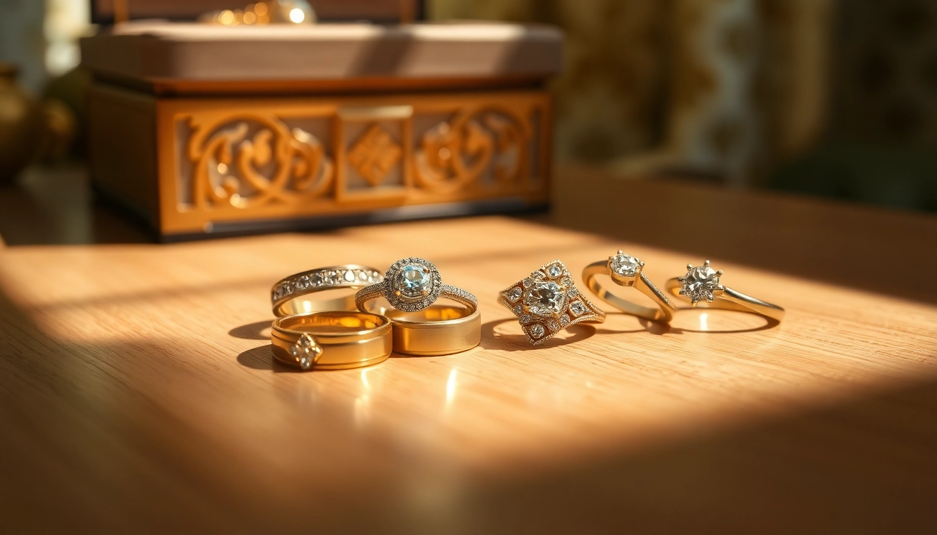 Showcasing exquisite luxury rings crafted from gold and adorned with diamonds, emphasizing elegance.
