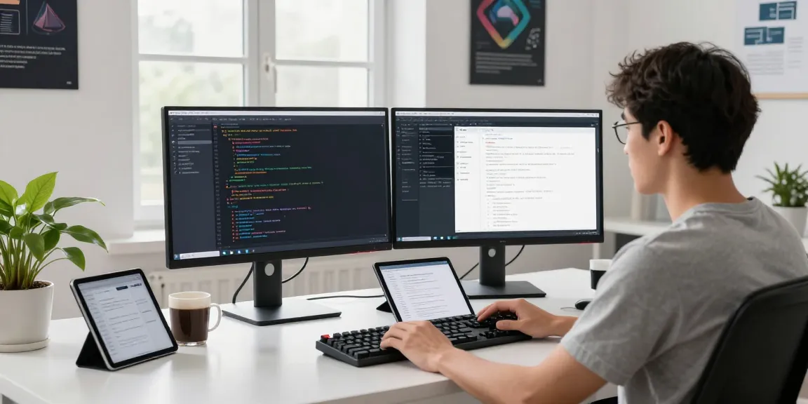 Developer working on the 纸飞机中文版 app in modern workspace with dual monitors, emphasizing productivity and innovation.