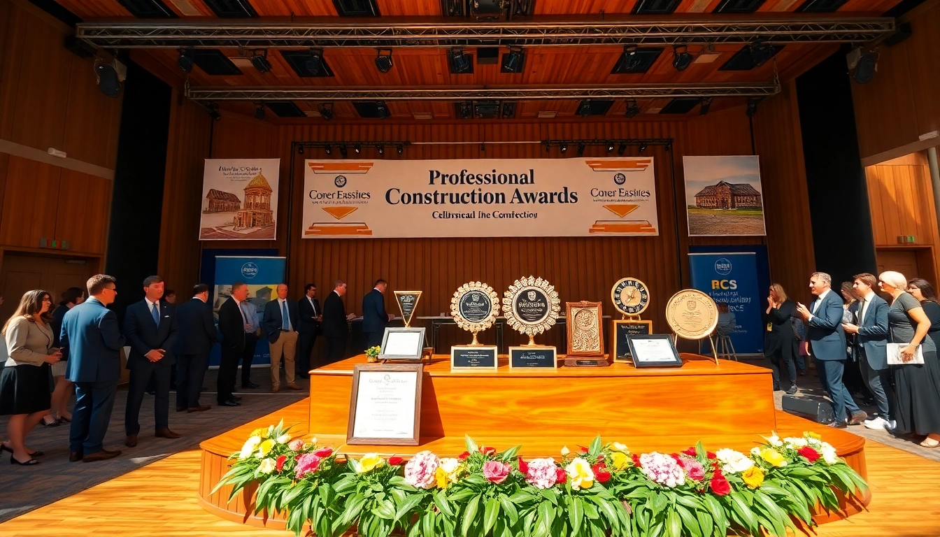 Celebrating excellence with construction awards showcased on a podium at a vibrant ceremony.