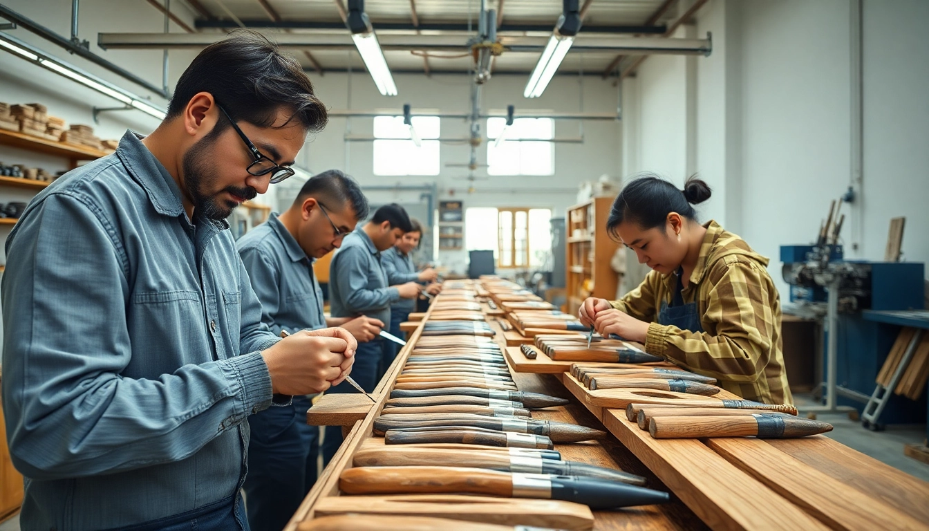 Showcase of skilled artisans at a handle manufacturer workshop crafting premium handles.