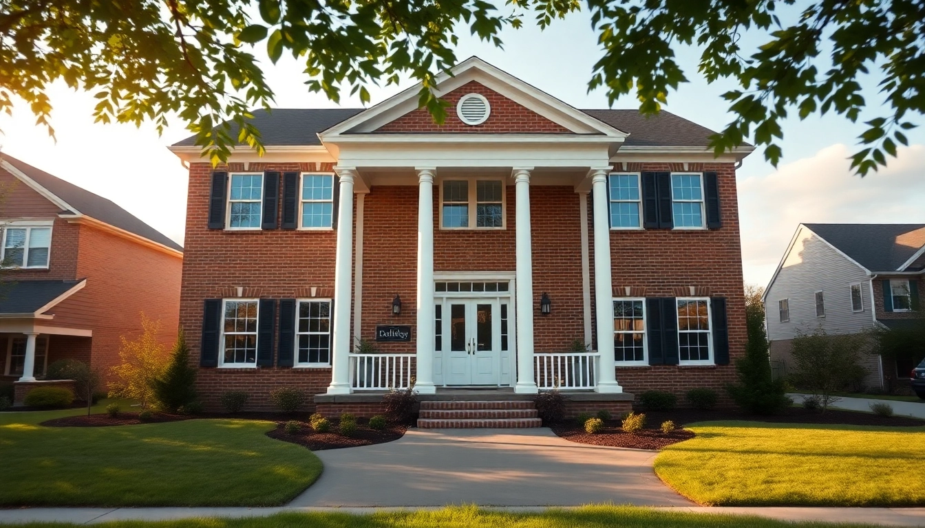 Showcasing a colonial home new build construction with elegant columns and landscaped gardens.