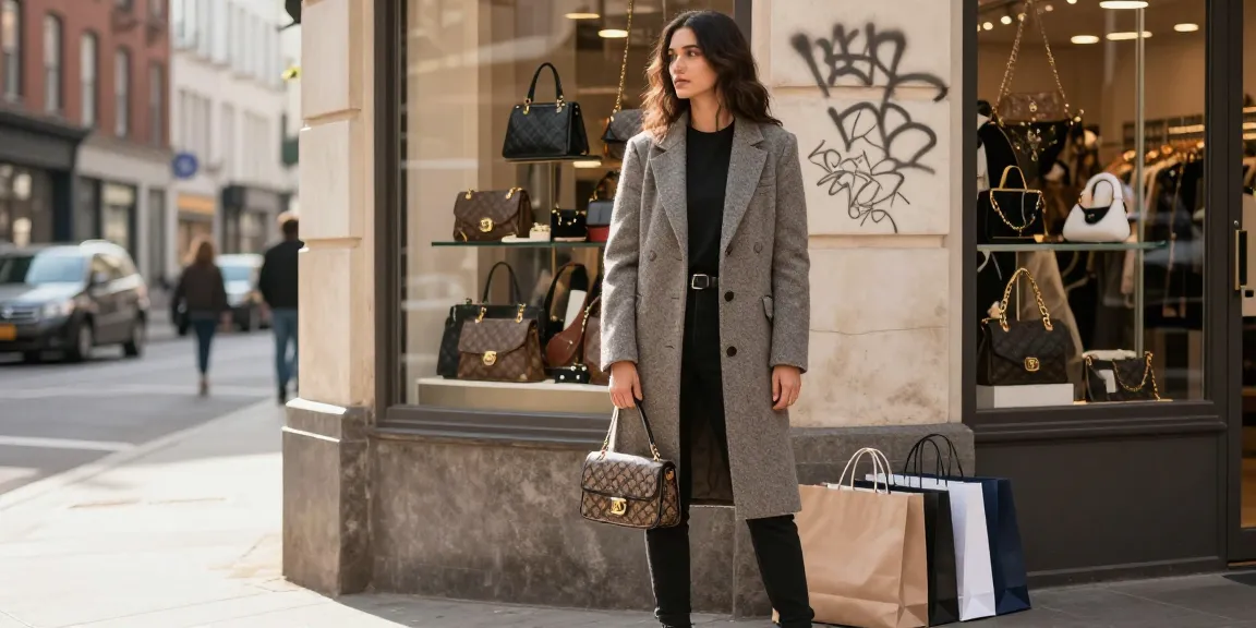 Fashionable individual displaying luxury replica items in an urban setting, illustrating the charm of 명품 레플리카 shopping.