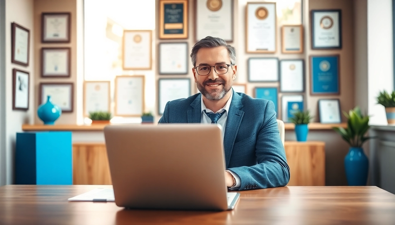 Intellectual property lawyer consulting in a modern office environment with legal documents.