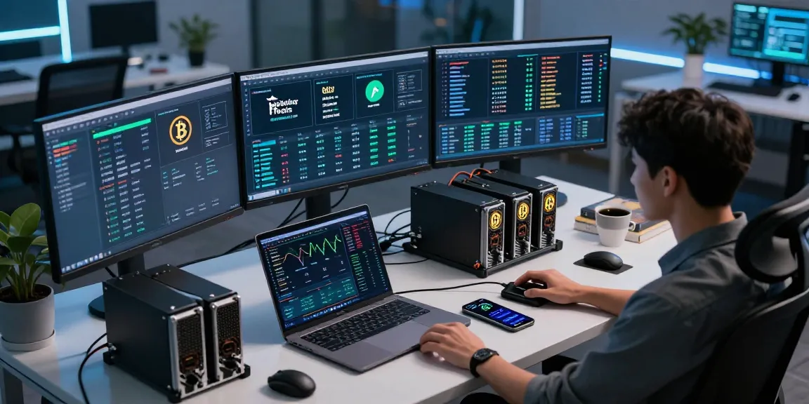 Mining bitcoin online in a professional cryptocurrency workspace showcasing blockchain networks, mining pool software, and digital wallet security.