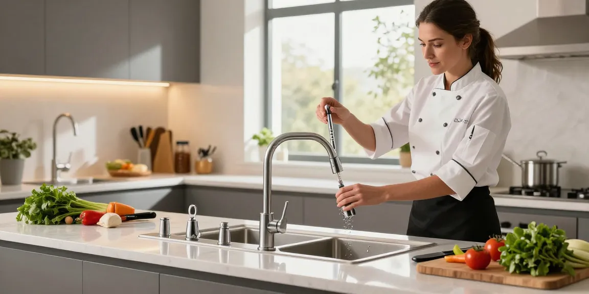 Home chef installing modern kitchen faucets in bright kitchen.
