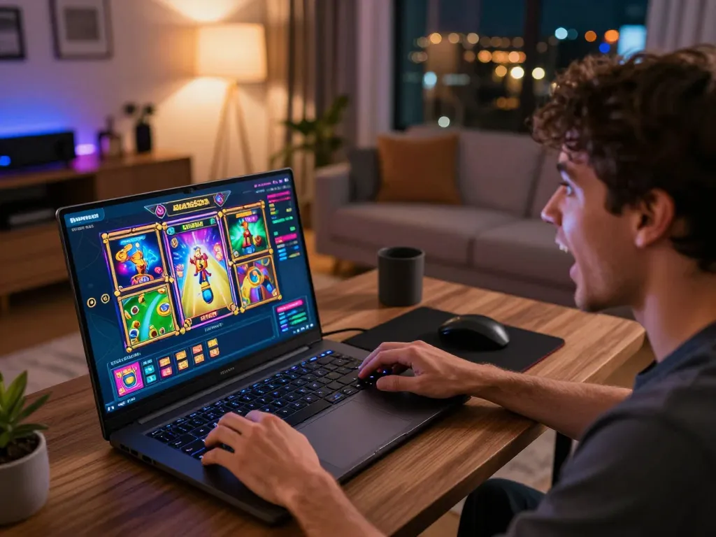 Pemain menikmati permainan slot online di platform alexis500 dalam suasana rumah yang nyaman