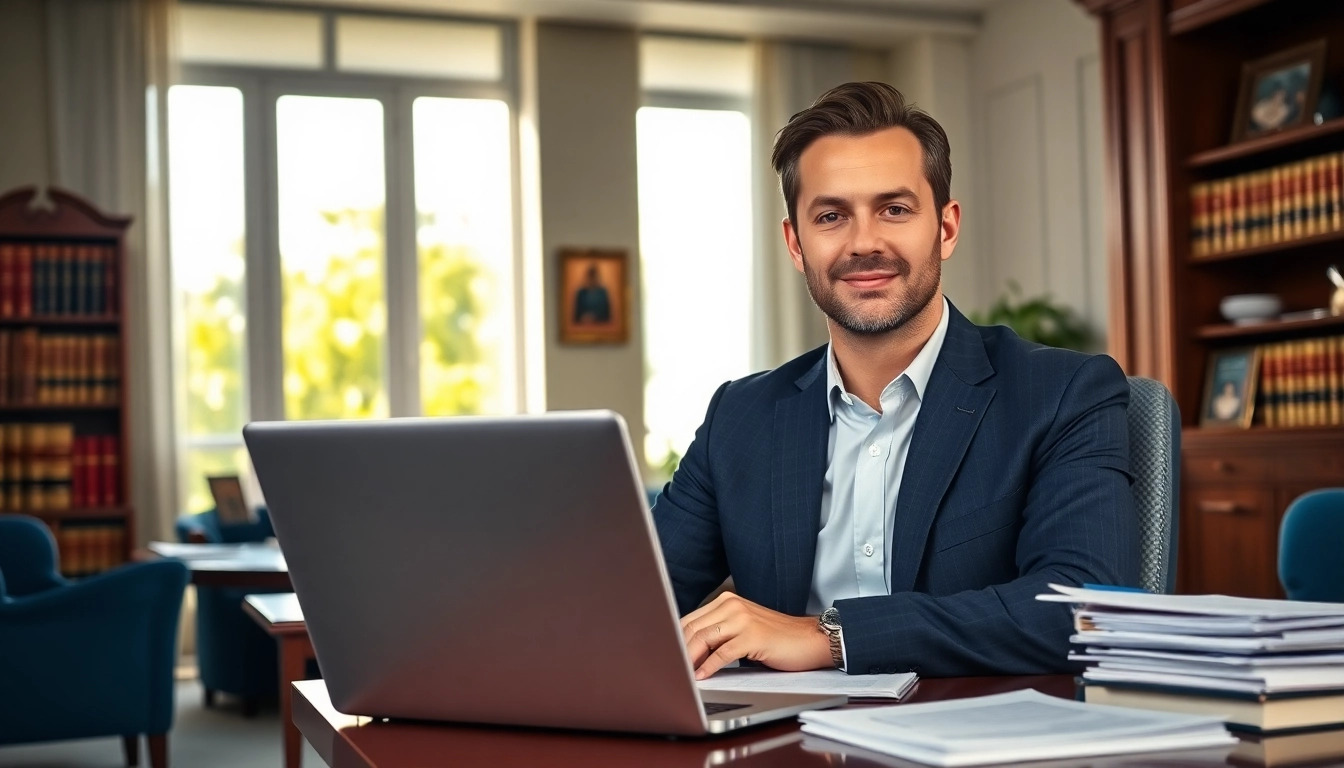 Miami-Dade County litigation Lawyer confidently working in an elegant office setting.