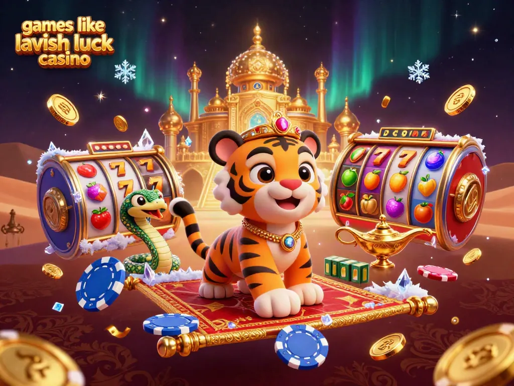 Win big with games like lavish luck casino in this dynamic slot-themed adventure illustration.