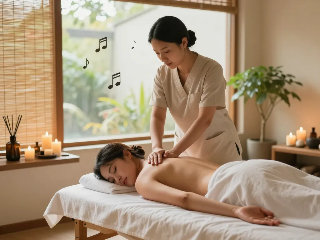 Massage therapist providing a calming 마사지 in a tranquil spa environment with warm light and soothing decor.