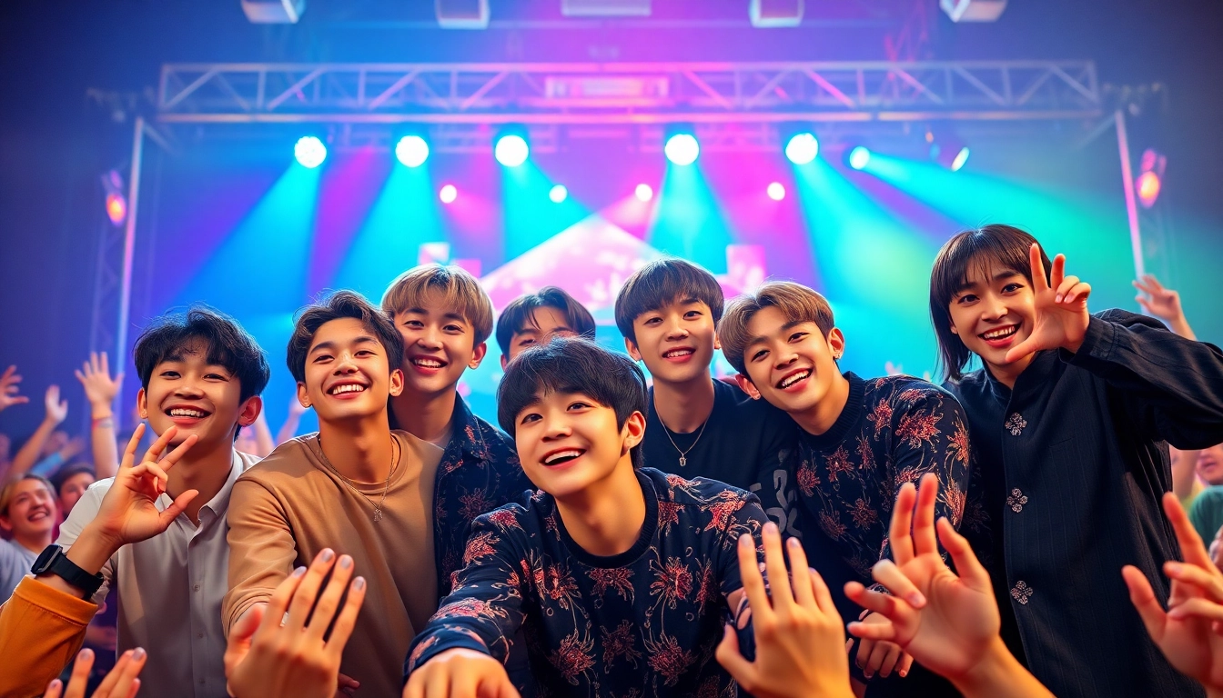 bts members performing energetically on stage with vibrant lighting and happy fans.