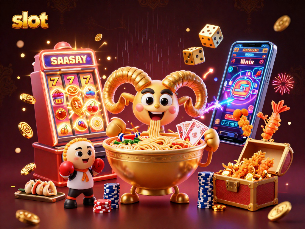 Slot permainan menarik dengan jackpot besar di Gacor123, menampilkan karakter ramen dan dealer sushi