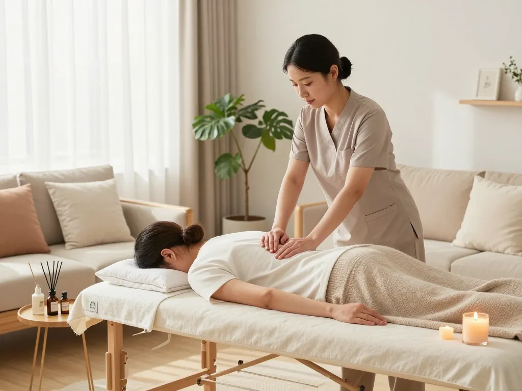 Professional 서울출장마사지 in a tranquil living room, showcasing calming atmosphere and wellness elements.