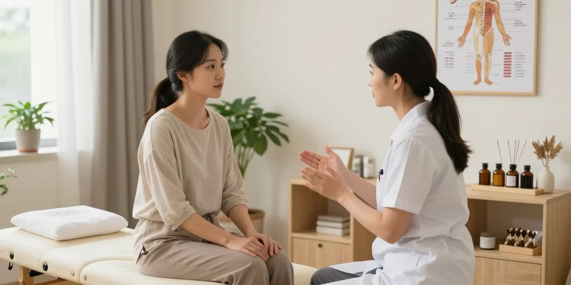 Consultation at 수원한의원 showcasing a patient and an acupuncturist in a calming clinic.