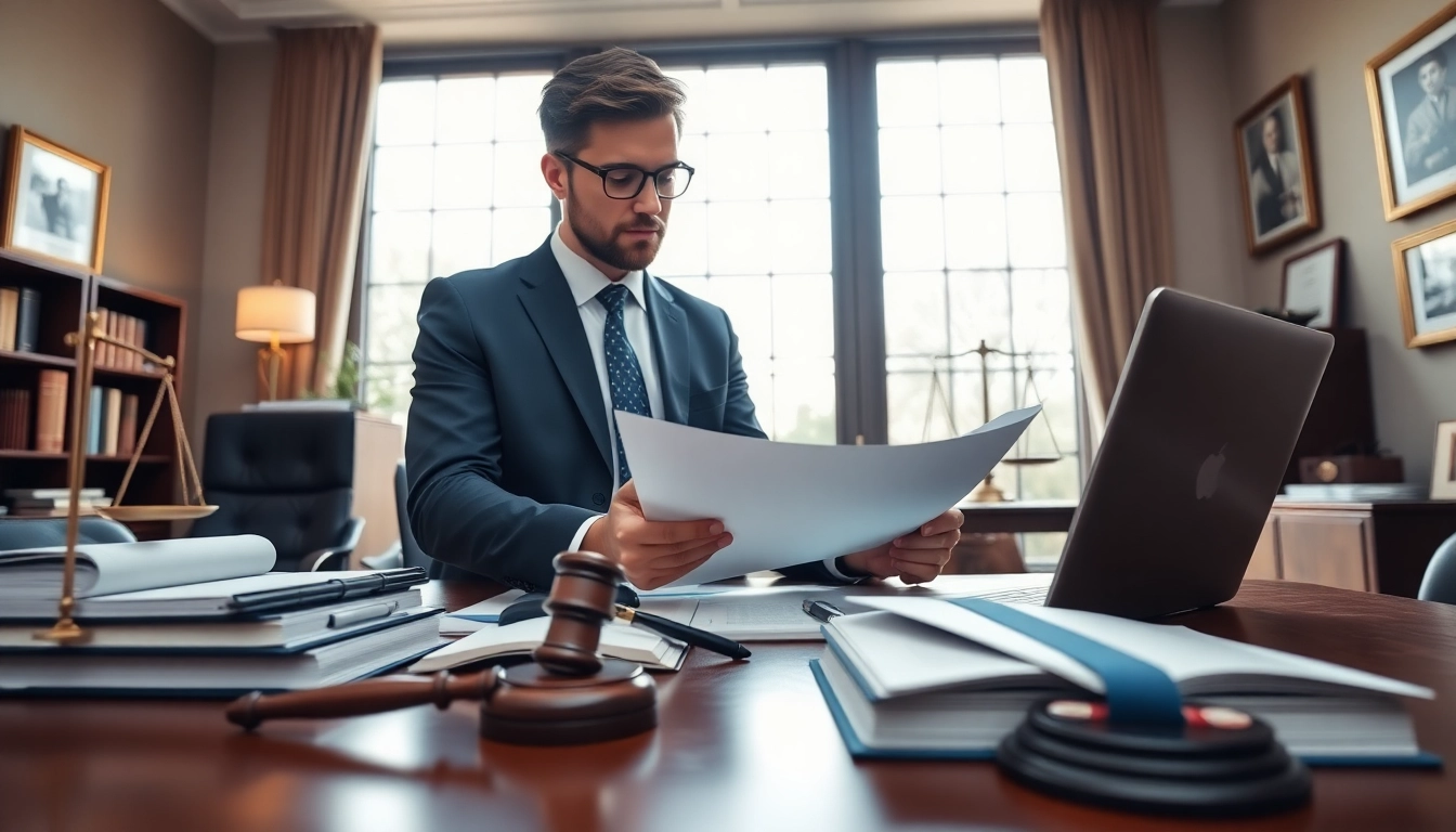 Intellectual property lawyer reviewing documents in a professional office environment.