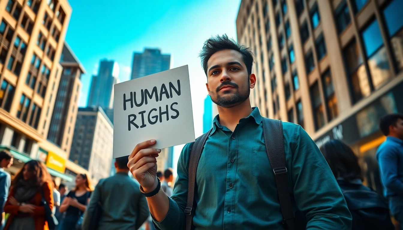 Activist promotes human rights during a public demonstration in an urban environment.
