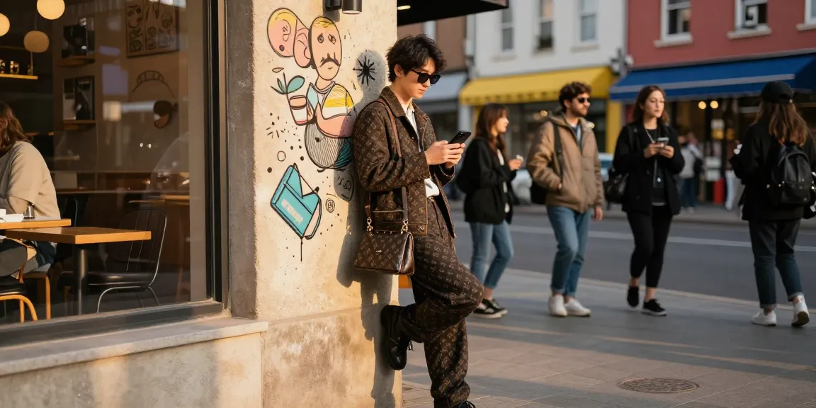 Stylish individual showcasing premium 레플리카 outfit against urban backdrop.