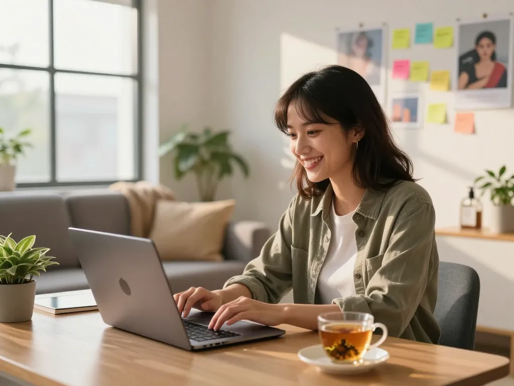 Chatting with an AI girlfriend in a warm home office environment.