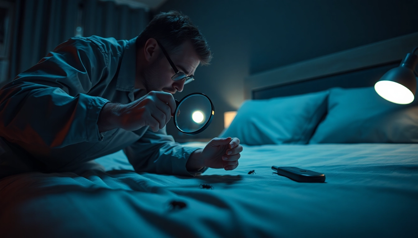 Analyze bed bug exterminator cost with pest control expert inspecting a bedroom for signs of infestation.