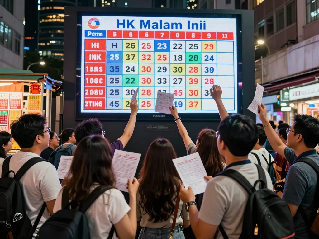 Excited crowd watching HK Malam Ini lottery results display in city, showcasing anticipation and engagement.