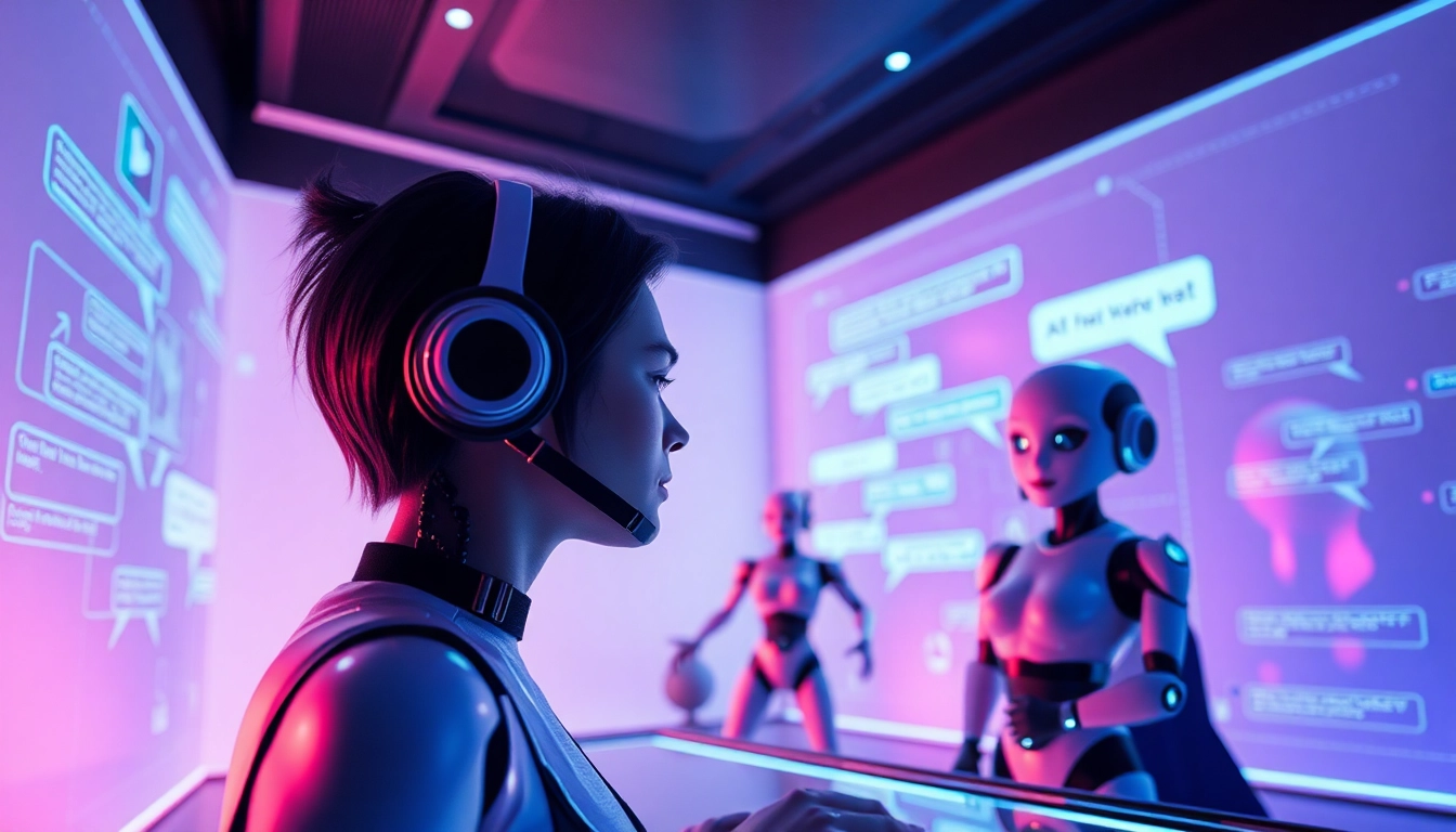 An engaging eye-level view of a futuristic NSFW AI chat interface, showcasing playful AI avatars interacting with users.